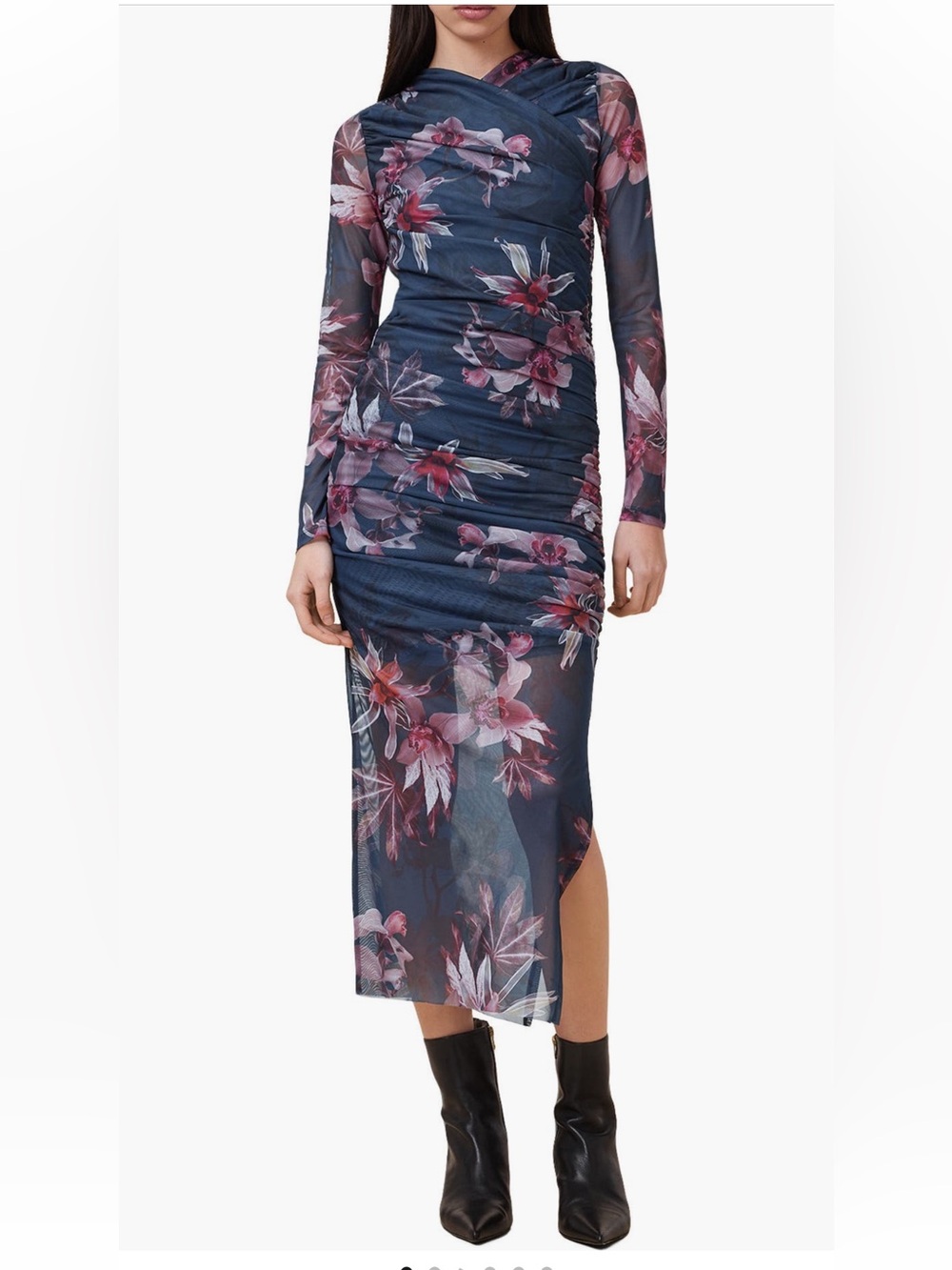 All Saints Hanako Long Sleeve Mesh ruched Midi Dress maxi floral size 8 NWT